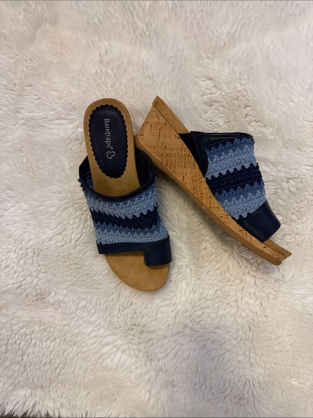 BareTraps Navy and Light Blue Wedge Slide Sandals